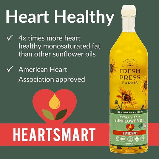 Fresh Press Farms Cold Pressed Extra Virgin Sunflower Oil, 33.8 Fl Oz, High Oleic, Georgia Grown, 100% American Made, Unrefined, Certified Whole30, Non-GMO, Keto, Paleo, Gluten Free