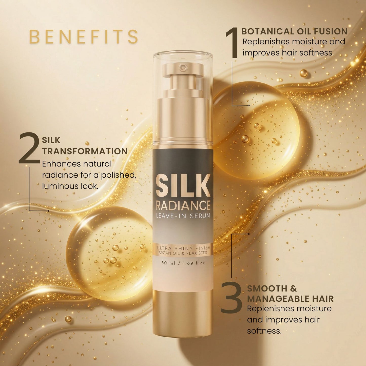 SILK RADIANCE Leave-In Hair Serum -Argan OIl & Flaxseed, Ultra Shine & Frizz 1.69oz