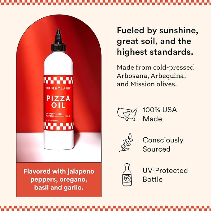 Brightland Pizza Oil with Extra Virgin Infused Olive Oil - Herbaceous Oil for Dipping & Dressing - Premium Jalapeño & Herb Flavor Cold-Pressed Oil - Vegan, Plant-Based & Gluten Free, 12 Fl Oz