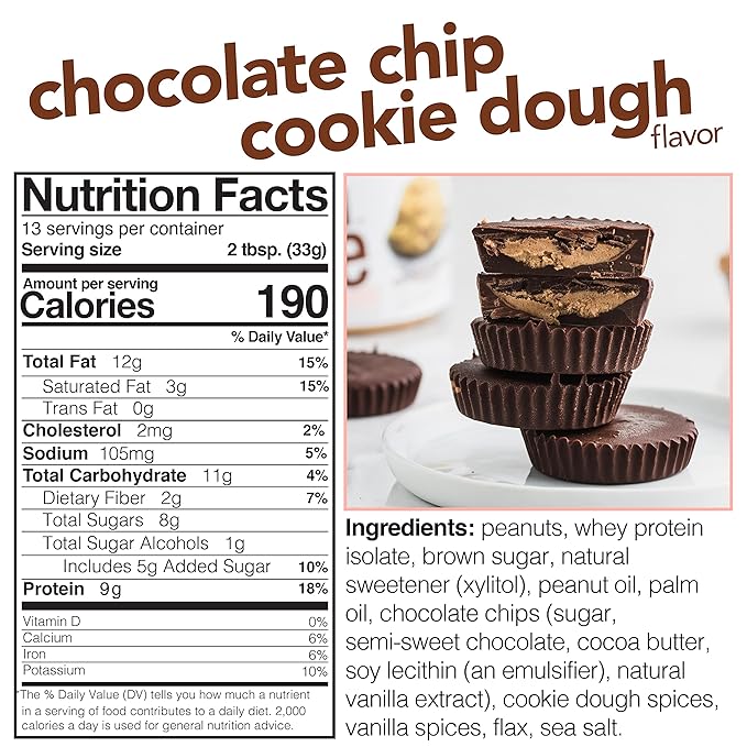 Nuts ‘N More Chocolate Chip Cookie Dough Peanut Butter Spread - High Protein, Low Carb, Low Sugar, Gluten Free, Non-GMO, All-Natural Nut Butter Snack (15oz Jar)