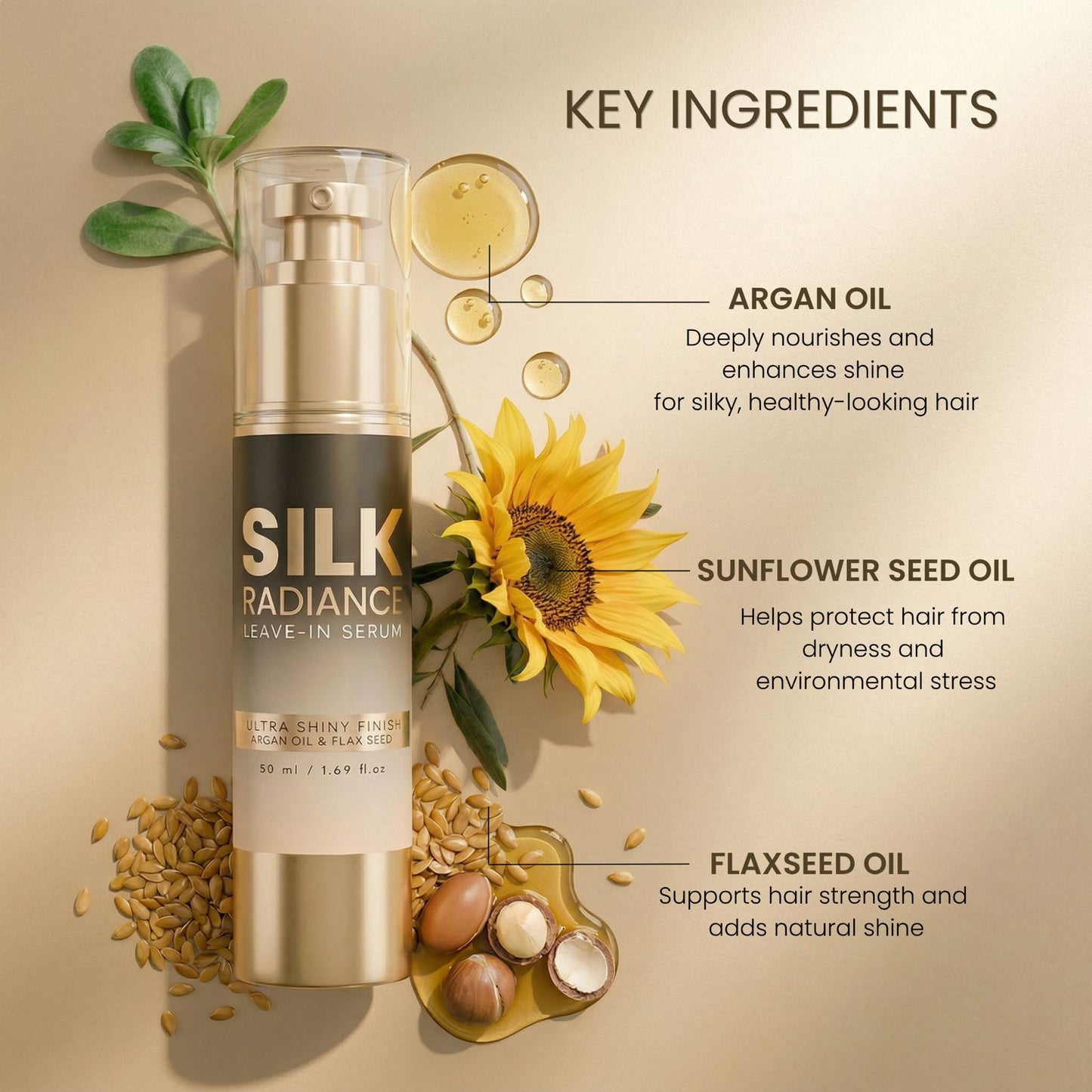 SILK RADIANCE Leave-In Hair Serum -Argan OIl & Flaxseed, Ultra Shine & Frizz 1.69oz